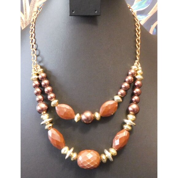 Vintage Rustic Glam Brown And Gold Tone Layered Beaded Necklace - Picture 2 of 3